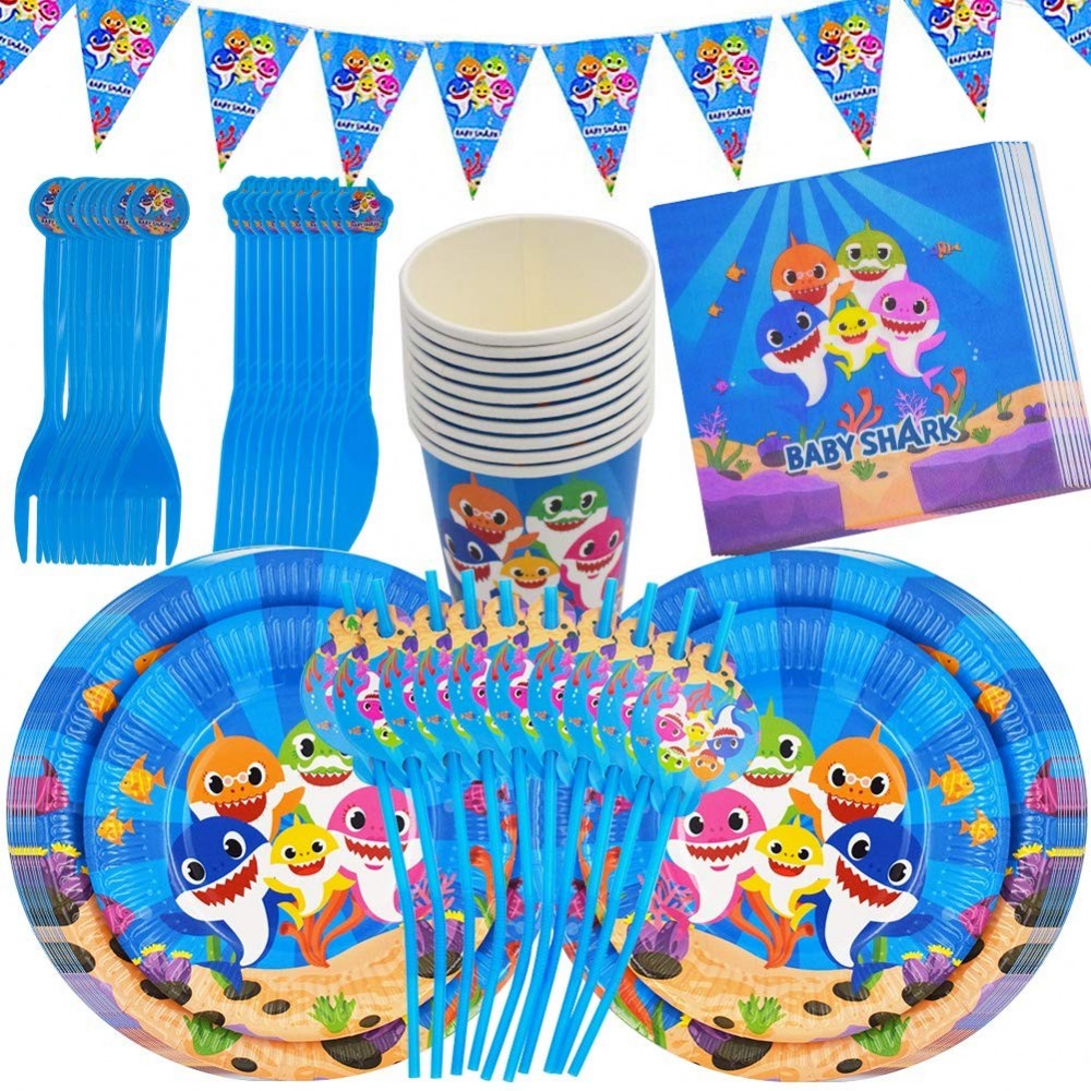 BESLIME Shark Party Supplies Set Baby Shark Party Tableware Shark Party Plates Paper Cups, Tablecloth,Banner for Kids Birthda