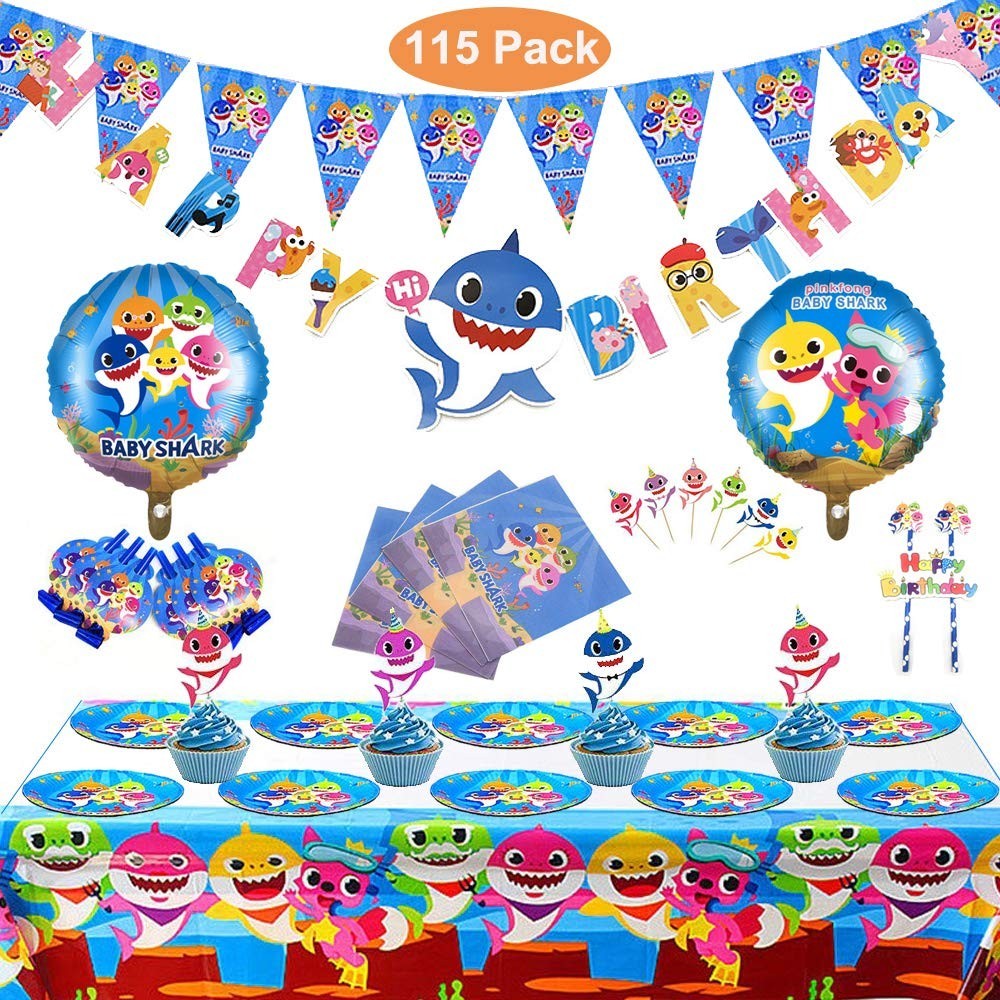 Kit con 115 pezzi tema baby shark per feste di compleanno