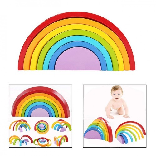 DMZK 7 Colori Legno Arcobaleno Blocchi,Giocattoli Educativi in Legno per Bambini Legno Impilabile Arcobaleno Forma