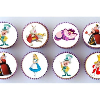 24 decorazioni rotonde commestibili per cupcake con personaggi di Alice nel paese delle meraviglie.