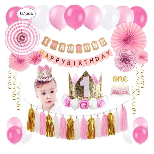 1st Birthday Party Decorations Girl - Primo Decorazione Festa di Compleanno per Bambini Kit Rosa, Bandierine Stelle Filanti P