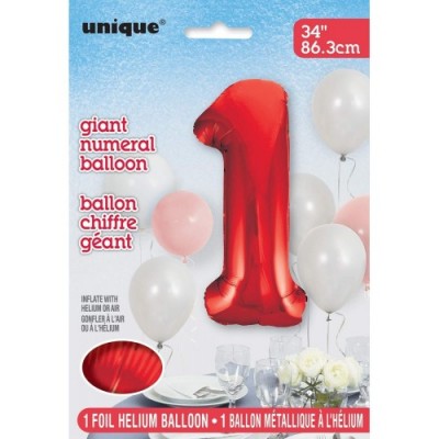 Unique Party 55851 - Palloncino Gigante - Numero 1 - 86cm - Rosso