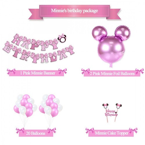 JOYMEMO Decorazioni di Compleanno Minnie per Bambine Forniture per Minnie Rosa con Palloncini Minnie Mouse, Happy Birthday Gh