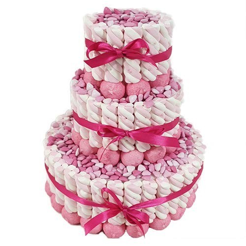 Torta marshmallow trecce bianco/rosa e confetti cuoricini