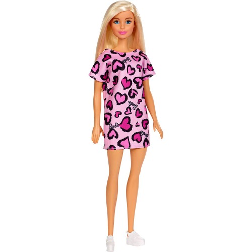 Bambola Barbie bionda con abito rosa con cuoricini