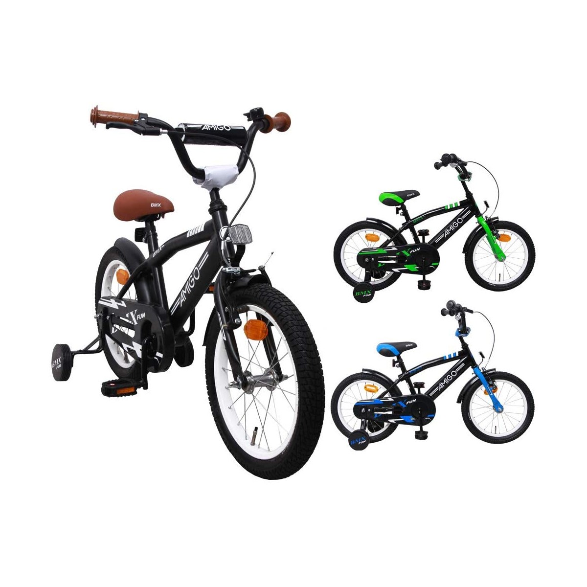 Amigo BMX Fun Per Bambino di 4-6 Anni Nero/Verde Freno a contropedale Campanello per Bicicletta e Ruote di Supporto per Bambini Bicicletta per bambini 16 pollici Freno a mano 