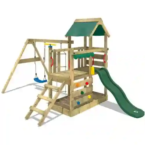 Parco giochi in legno da giardino con altalena e arrampicata con scivolo