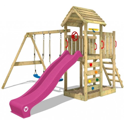 Parco giochi in legno MultiFlyer viola con altalena