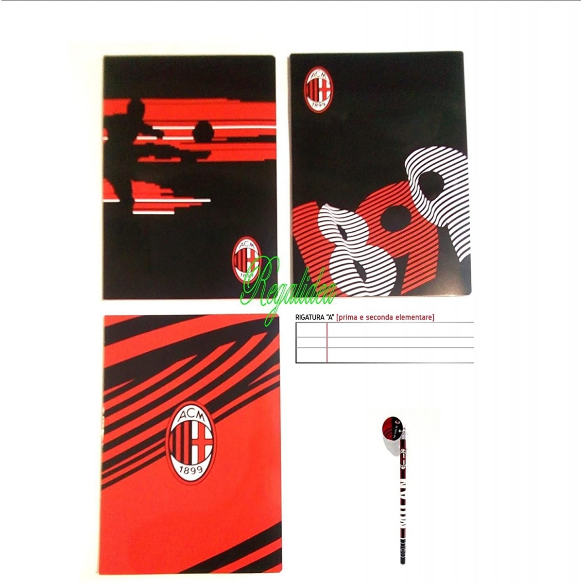 Quaderno A.C Milan Calcio, 3 pezzi , rigatura A + omaggio matita