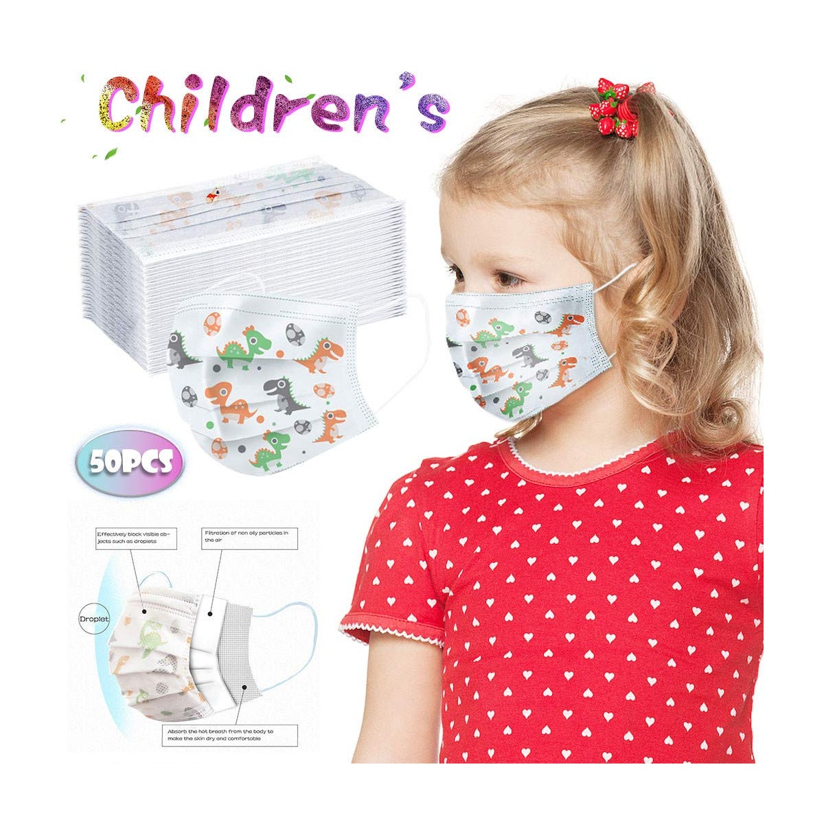 AWAKENLIAS filtro per bambini rispettosi della pelle per ragazze e ragazzi 50 mascherine usa e getta a 3 strati comodo stampa usa e getta bandana facciale neutro 
