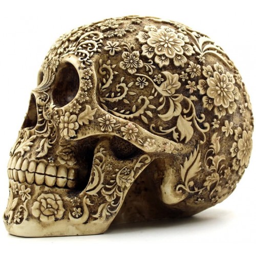 Teschi in resina, cranio umano con decorazioni floreali, Halloween