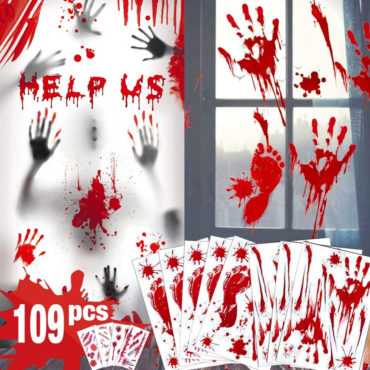 Kit da 109 vetrofanie horror con sangue