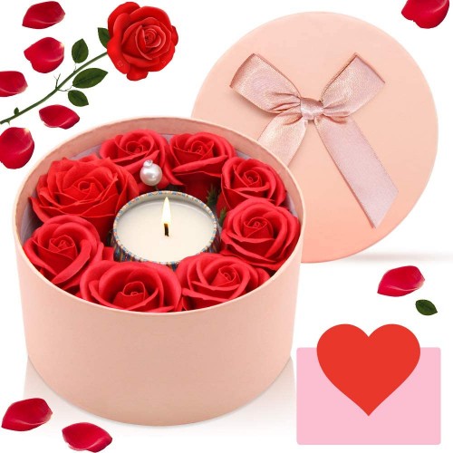 Regalo di San Valentino, candela profumata e rose finte, confezione regalo inclusa