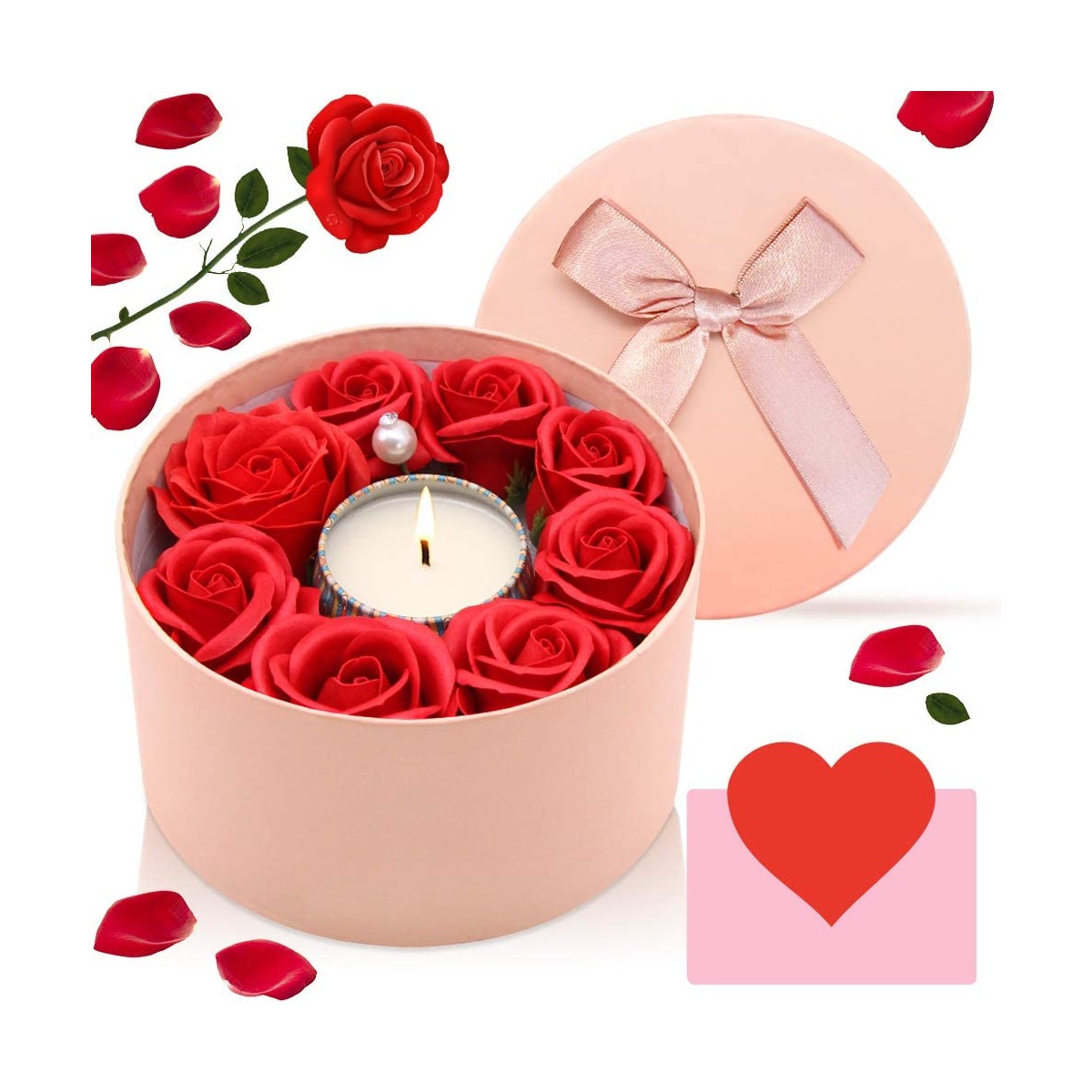 Regalo di San Valentino, candela profumata e rose finte, confezione