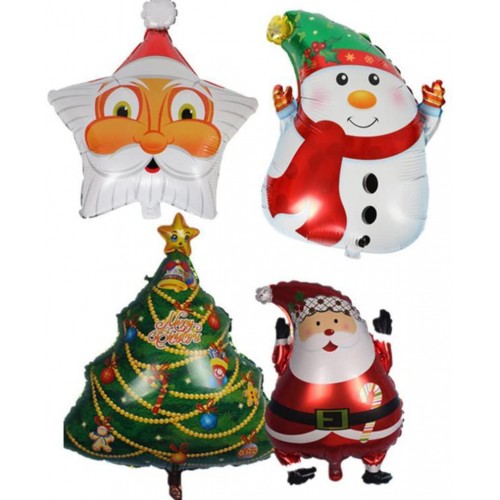 Set 4 palloncini di Natale con pupazzo, Babbo natale, Albero, Elfo