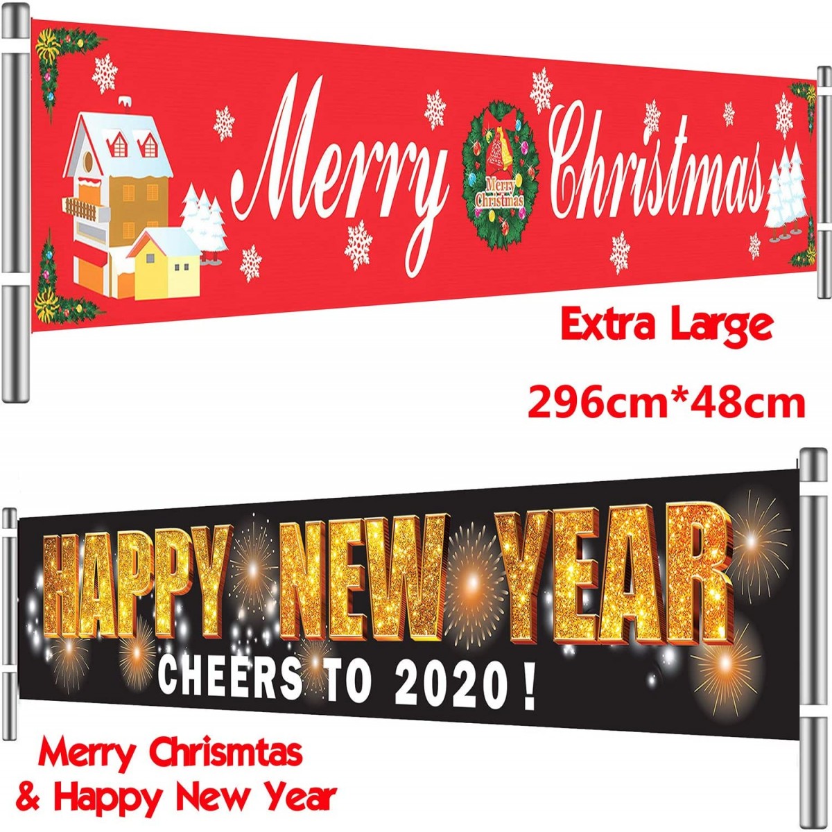 Set 2 Banner orizzontali di Buon Natale e Capodanno, decorazioni