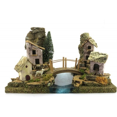 Case con ponte e fiume per presepe Napoletano, modellino in legno