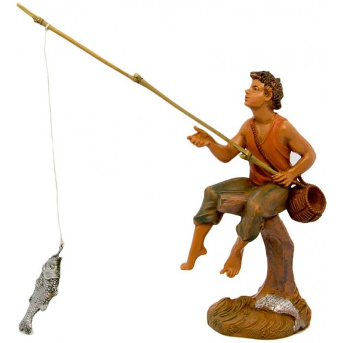Statuina Presepe, pastore a pesca da 10 cm, in terracotta