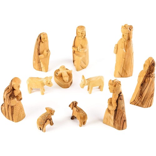 Set 11 statuine in legno di ulivo, Natività per presepe Napoletano