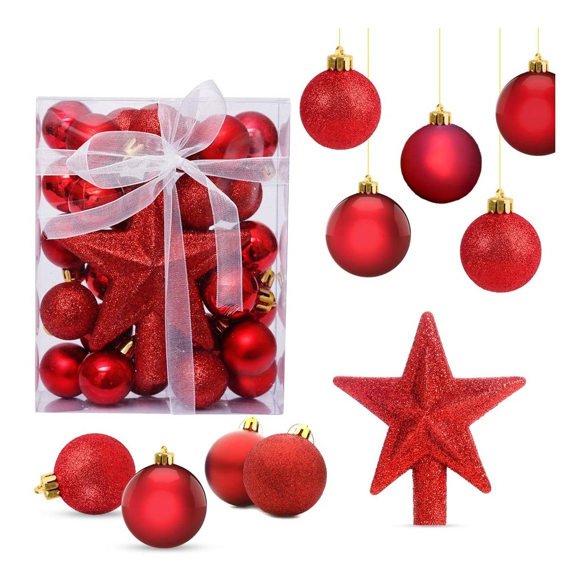 Set da 30 Palle di Natale Rosse lucide, opache e glitterate