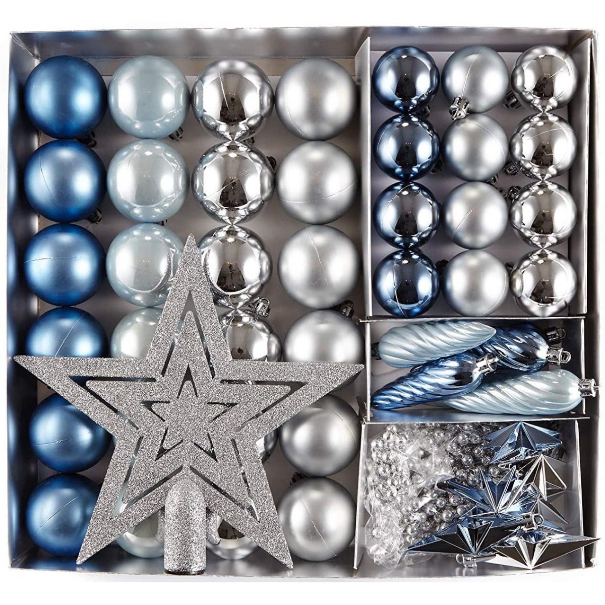Set di 50 palline di Natale argento, blu e azzurre