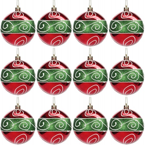 Set da 12 Palline Di Natale verdi e rosse con decorazioni
