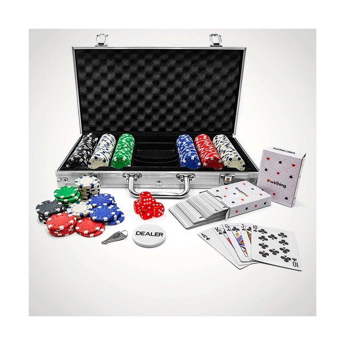 Relaxdays Valigetta Poker 10031551 2 Mazzi di Carte Colore 5 Dadi Dealer 300 Chips Laser Richiudibile & Portatile,Alluminio,Argento 