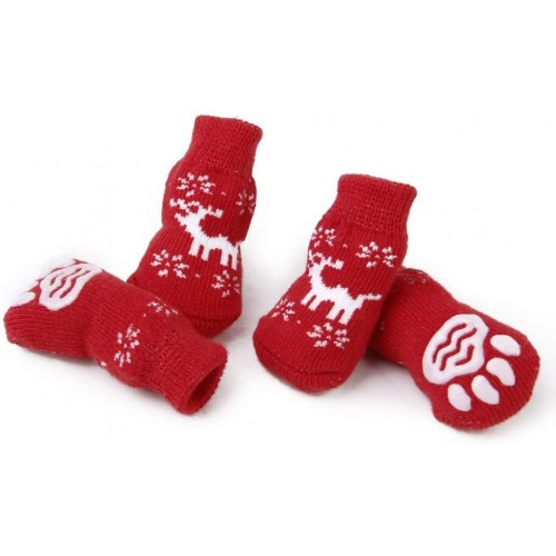 Calzini antiscivolo per cani, con motivo natalizio, rossi con renna