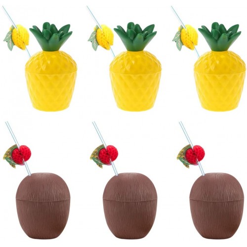 Set di 6 bicchieri forma cocco e ananas, con 6 cannucce incluse