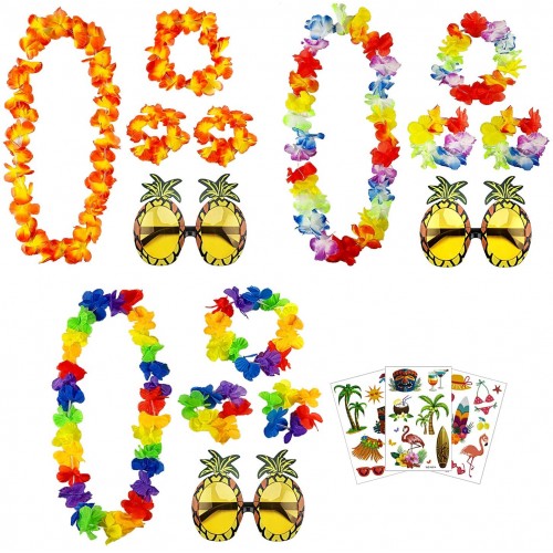 Set 10 accessori festa Hawaiana, con occhiali e ghirlande di fiori