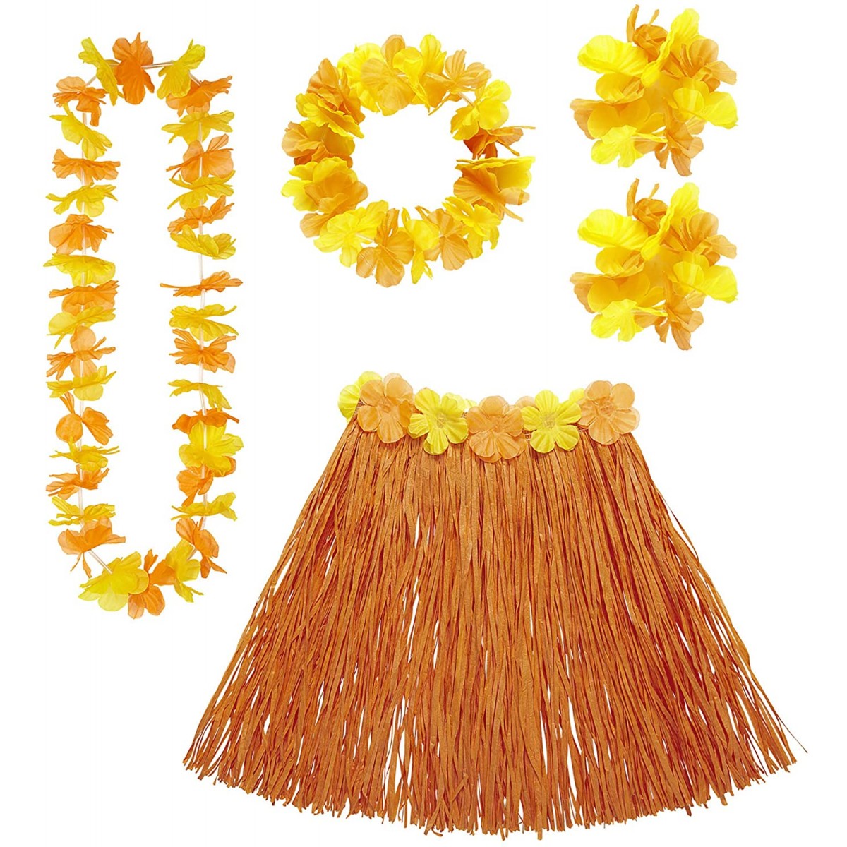 Costume Hawaiano Arancione, completo, con fiori finti