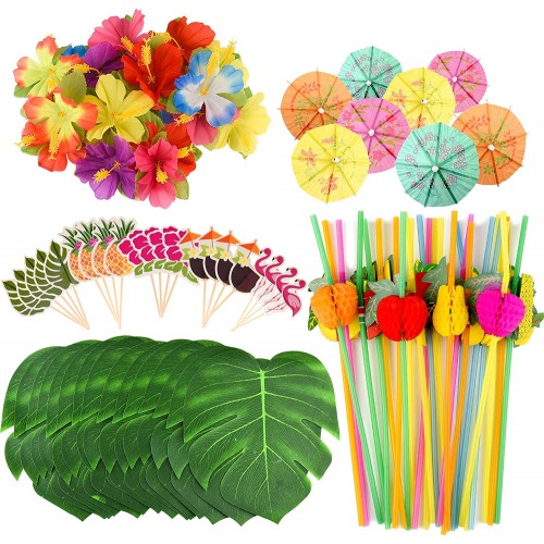 Set da 184 decorazioni per feste hawaiane, cannucce, cake topper, foglie artificiali