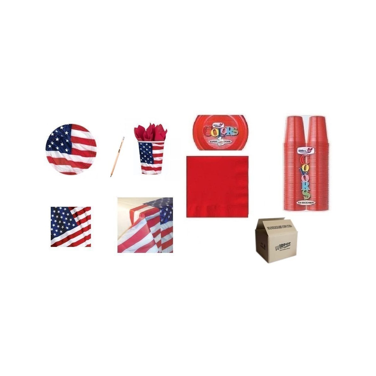 Kit per 38 persone tema USA, bandiera Americana, coordinato tavola