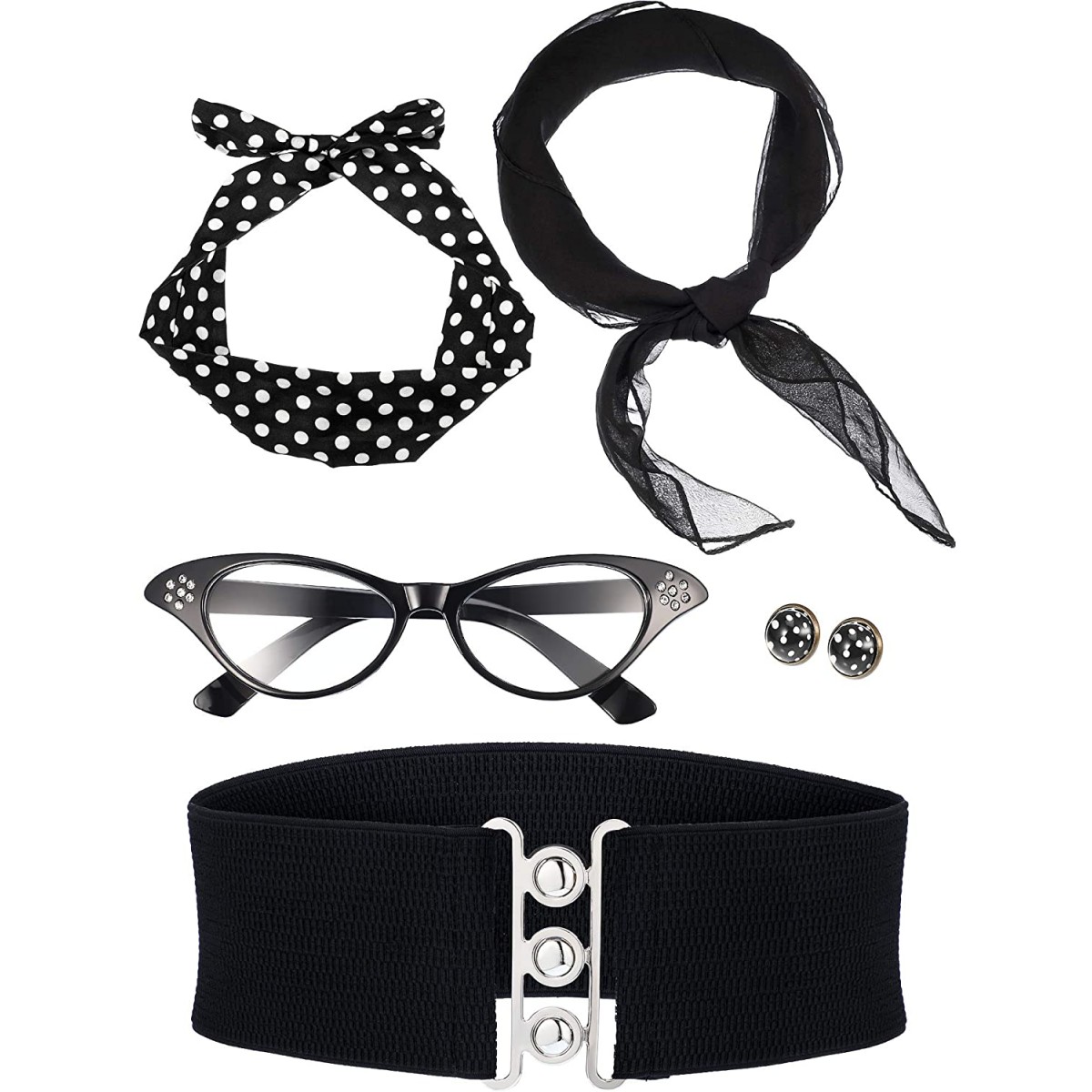 Set costume Pin Up con 5 accessori, moda anni 50, colore nero