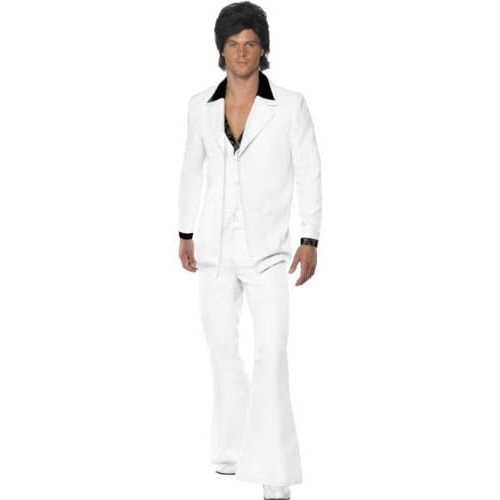 Costume bianco Anni 70, con giacca e pantalone a zampa