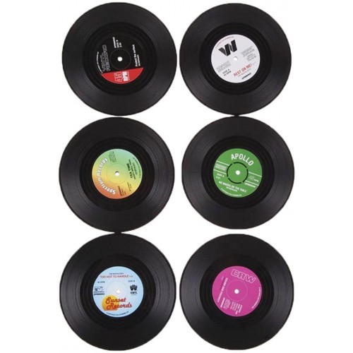 Set da 6 sottobicchieri a forma di disco in vinile vintage, stile retrò