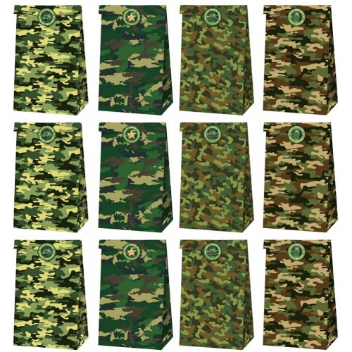 Set da12 sacchetti per Caramelle a Tema Militare, con 18 adesivi camuflage