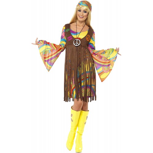 Costume Hippie per adulti, anni 60, da donna, per carnevale e feste