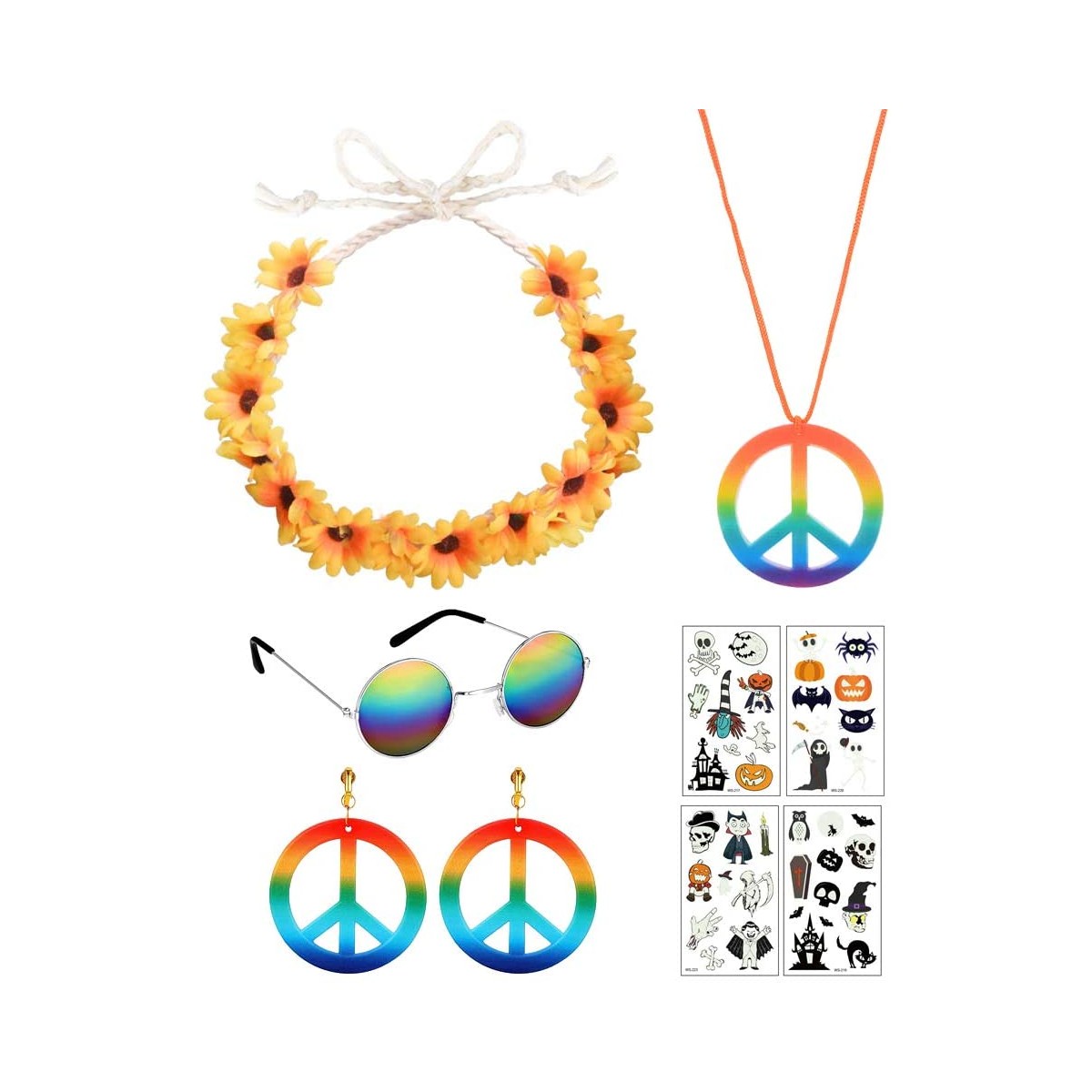 Set accessori Hippie, Collana, Orecchini, occhiali, per travestimenti