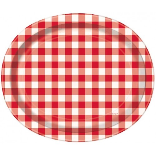 Set da 8 piatti di carta ovali a quadretti rossi, per feste