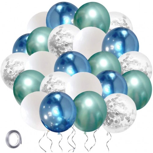 Conf. da 50 Palloncini con coriandoli, blu e bianchi, in lattice