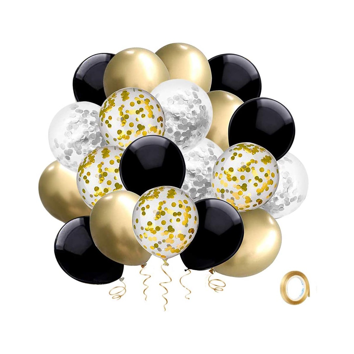 Set da 50 palloncini con coriandoli oro e neri, da 30 cm, per feste