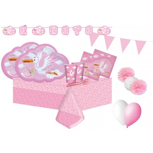 Kit per 16 invitati cicogna rosa, decorazioni nascita bambina