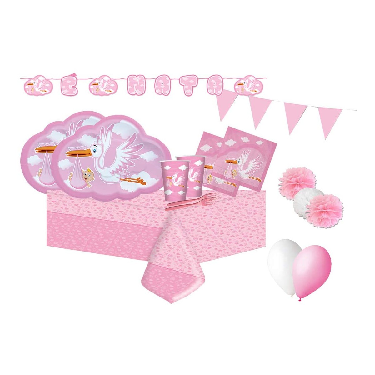 Kit per 16 invitati cicogna rosa, decorazioni nascita bambina