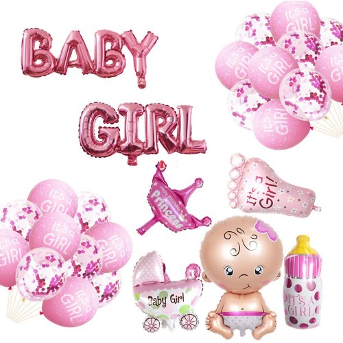 Set addobbi festa Baby Girl rosa, con palloncini e decorazioni varie