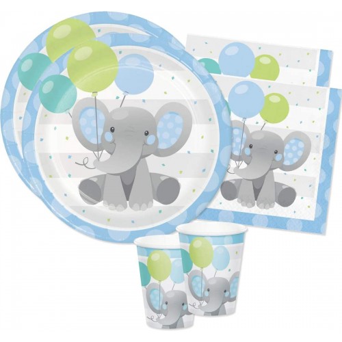 Kit festa per 16 persone Baby elefantino celeste, baby shower e nascita