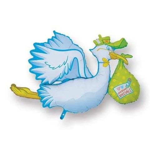 Palloncino mylar cicogna celeste da 100 cm, per feste e baby shower