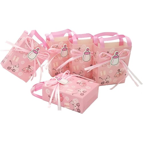 Set da 24 bustine rosa per nascita, per confetti e caramelle, con fiocco