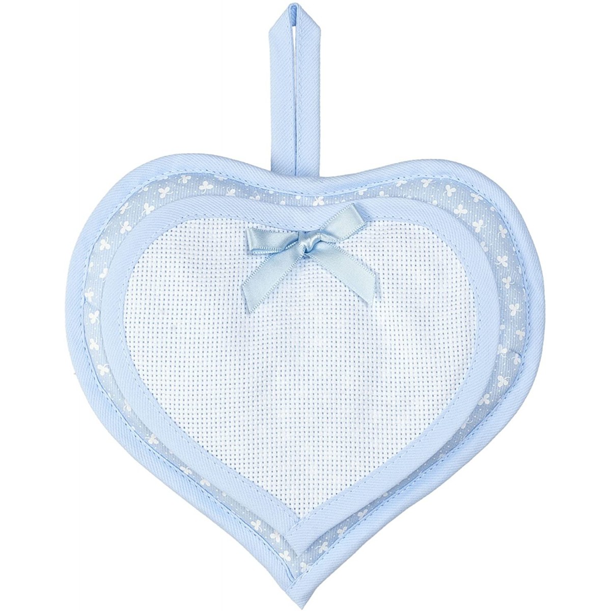 Fiocco nascita forma cuore, in cotone, bianco e azzurro, per maschietti
