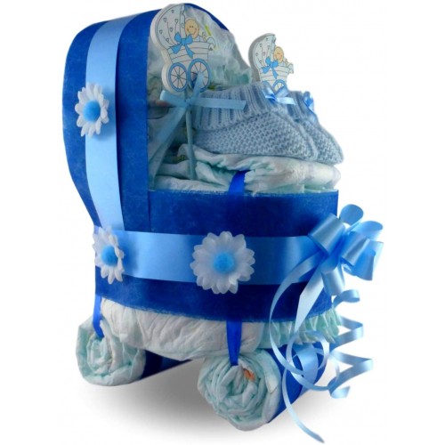 Torta di pannolini carrozzina azzurra, fatta a mano, idea regalo nascita
